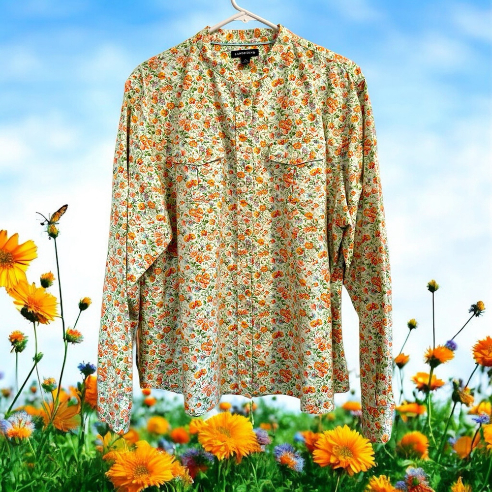 Lands End Button Up Shirt Women 18 - 20 Multicolor Cotton Roll Tab Sleeve Pocket
